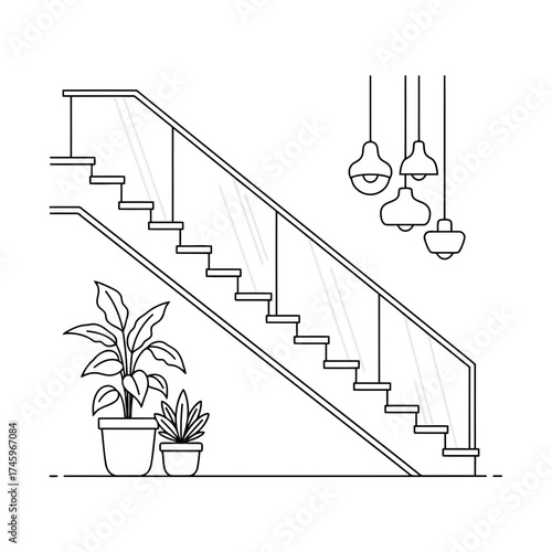 Modern interior design illustration of a sleek staircase with glass railing, hanging pendant lights, and potted plants