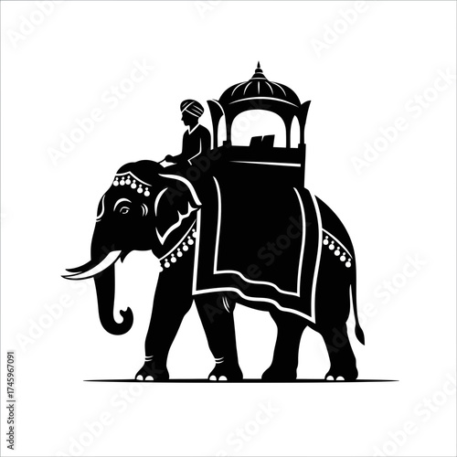Silhouette of an elephant with a rider in a howdah, isolated on a, symbolizing tradition and royalty