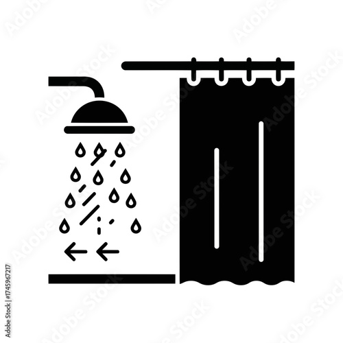 Shower head with water falling and arrows indicating flow, next to a shower curtain