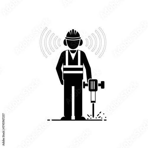 Silhouette of a construction worker wearing a hard hat and safety vest, holding a jackhammer