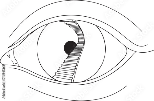 The Human Eye Illustrated with a Spiral Staircase Descending into the Pupil, Symbolizing Vision and Insight