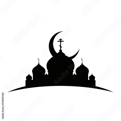 Silhouette of an orthodox church with a crescent moon and cross