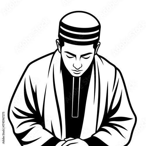 A man wearing a kufi hat and traditional clothing, bowing his head in prayer or contemplation
