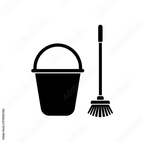 Black silhouette of a cleaning bucket and a broom