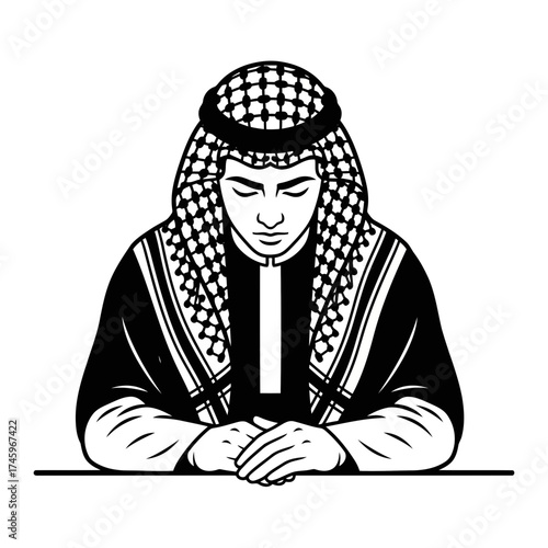 A man wearing a traditional keffiyeh and thobe, with his hands clasped in front of him