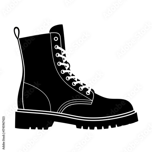 Black combat boot with white laces
