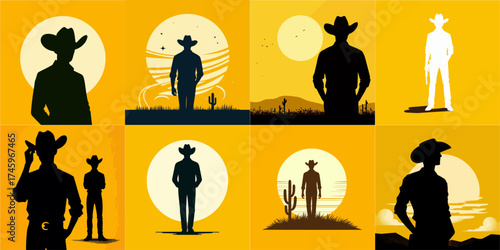 vector illustration set of people standing wearing cowboy hats on yellow background