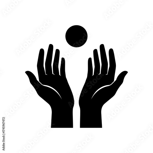 Black silhouette of two open hands reaching upwards towards a black circle
