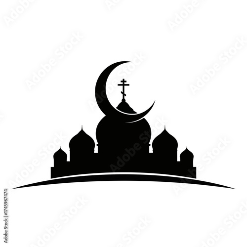 Silhouette of an orthodox church with a crescent moon and cross on top