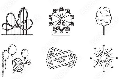 Collection of amusement park icons including a roller coaster, ferris wheel, cotton candy, balloons, target, tickets, and fireworks, isolated on transparent background