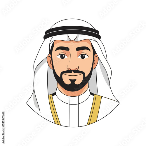 Portrait of a smiling arab man wearing a traditional white thobe and ghutra