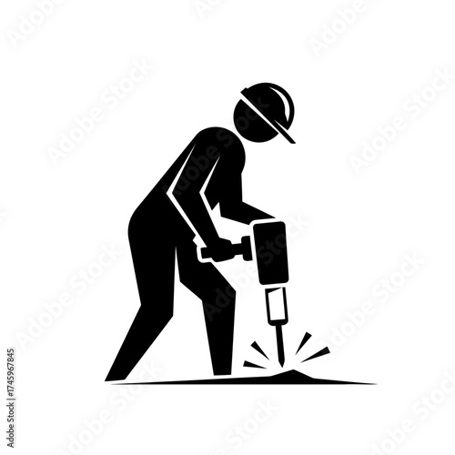 Silhouette of a construction worker wearing a hard hat, operating a jackhammer to break up the ground