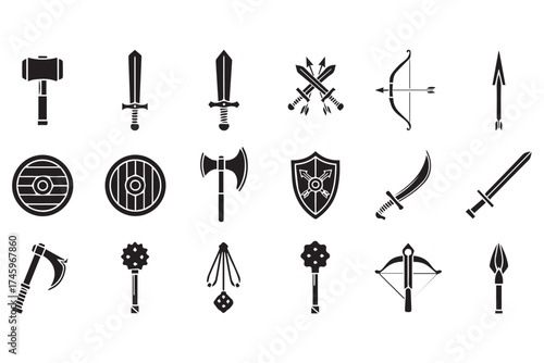 Assortment of medieval weapon icons including swords, axes, shields, bows, and maces, presented as solid black silhouettes on a transparent background