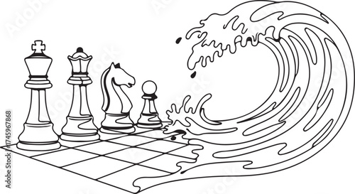 An Illustrated Wave of Water Threatening to Wash Over and Disrupt a Line of Detailed Chess Pieces on a Board.
