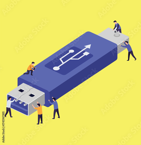 An isometric illustration of miniature people working together to plug in a giant USB flash drive for data transfer.