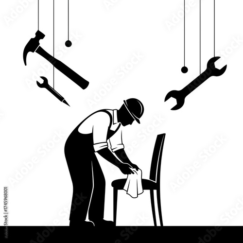 A silhouette of a handyman wearing overalls and a hard hat, cleaning a chair with a cloth, with tools hanging above