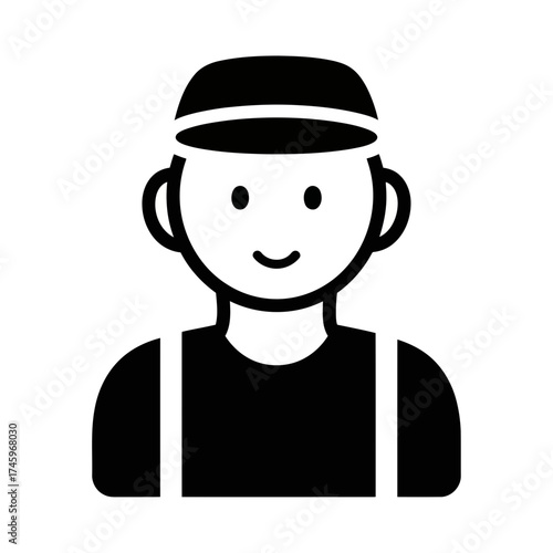 A simple black and white icon of a person wearing a cap and overalls