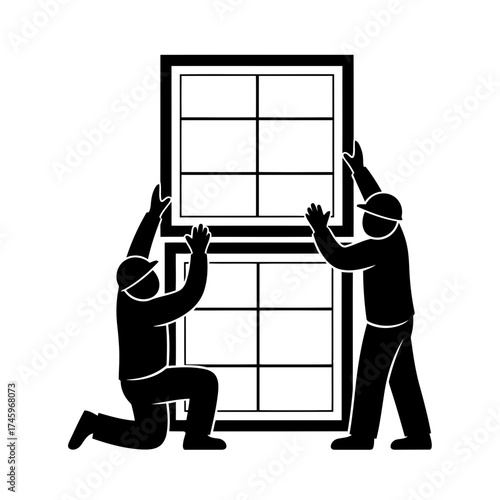 Two construction workers installing a large window frame on a