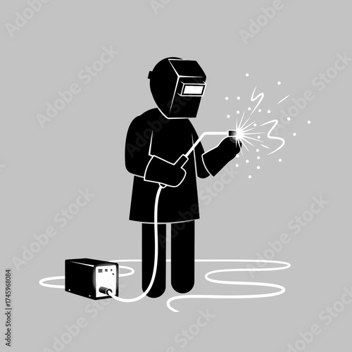 A stylized illustration of a welder in protective gear, sparks flying from their torch, connected to a welding machine