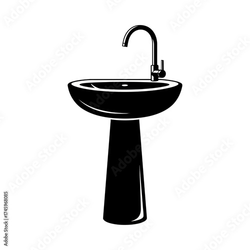 A black and white illustration of a pedestal sink with a faucet, isolated on a