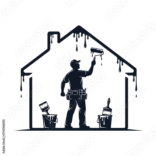 Silhouette of a painter with a roller and paint buckets inside a house outline with dripping paint