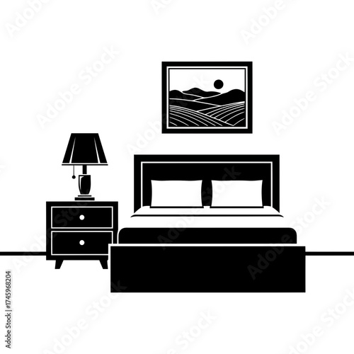 A minimalist black and white illustration of a bedroom scene featuring a bed, nightstand with lamp, and framed artwork on the wall