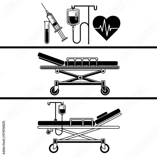 Medical equipment and symbols including a syringe, iv drip, heart monitor, and hospital beds