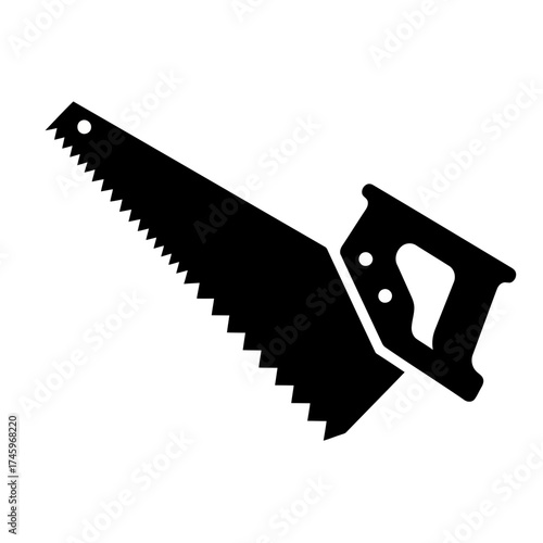 Black silhouette of a hand saw, a classic carpentry tool for cutting wood and other materials