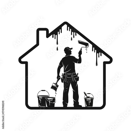 Silhouette of a painter with a roller and brush inside a house outline