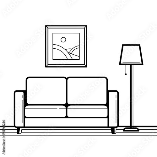 A minimalist line art drawing of a modern living room interior, featuring a sofa, a floor lamp, and a framed picture on the wall
