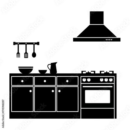 Silhouette of a modern kitchen counter with a stove, range hood, and utensils hanging on a rack