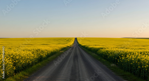Gravel Road Leading Through Vibrant Yellow Fields Under Clear Blue Sky at Sunset