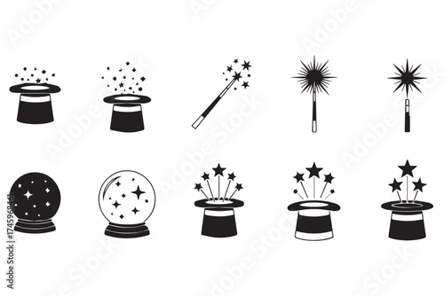 Magical icons set with top hats, magic wands, and crystal balls, isolated on transparent background