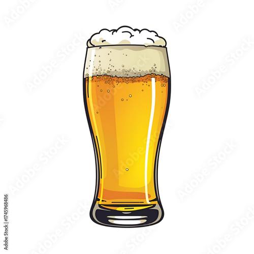 A refreshing glass of golden lager beer with a frothy head, depicted in a detailed hand-drawn illustration style isolated on a white background