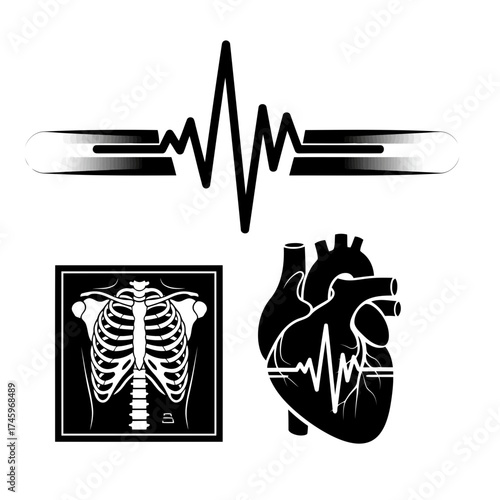Medical heartbeat ekg line, rib cage xray, and anatomical heart illustration