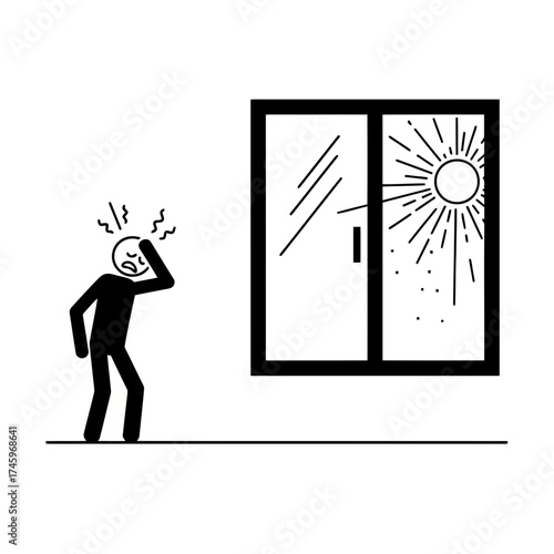 Stick figure man holding his head in pain and discomfort due to bright sunlight shining through a window, representing heat and discomfort