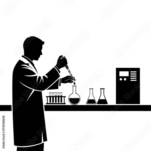Silhouette of a scientist in a lab coat performing an experiment with a pipette and flasks on a laboratory bench