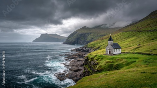 Coastal church under cloudy sky