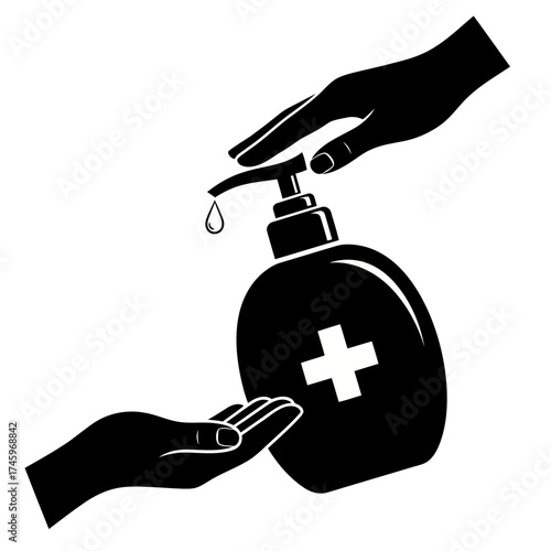 Hand sanitizer dispenser with a drop of liquid and a cross symbol