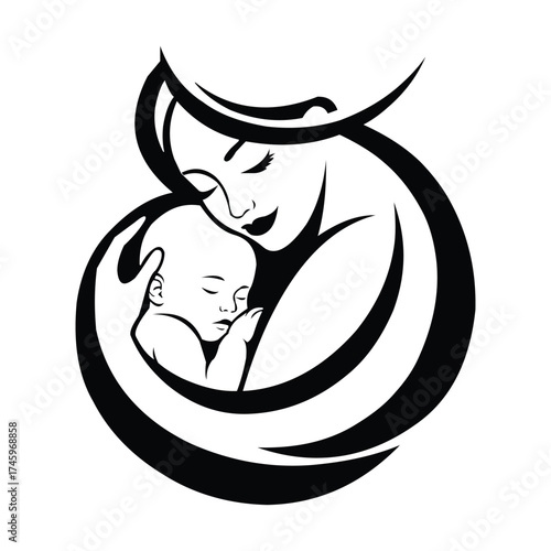 Mother and Baby Embrace Silhouette Logo, Minimal Line Art
