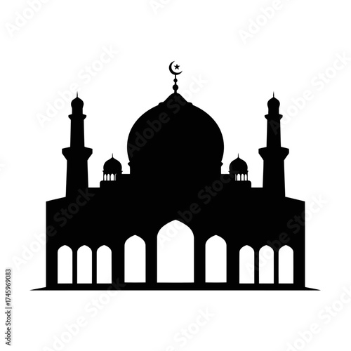 Silhouette of a mosque with a dome and minarets