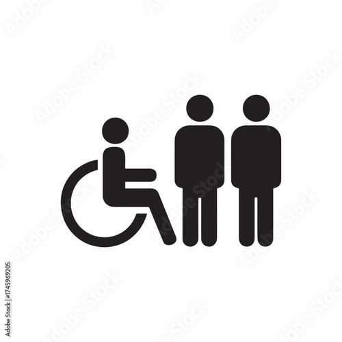Accessibility and Inclusion Symbol Depicting Wheelchair User and Standing Figures Representing Equal Access and Opportunities for All Members of Society with Black Silhouette on White Background