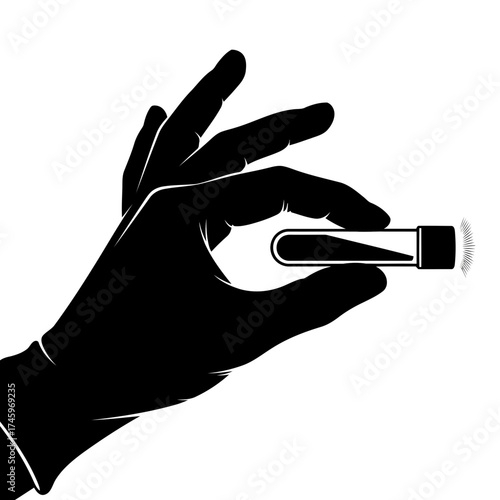 Hand in black glove holding a small test tube with sample