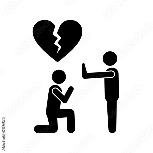Icon of a person kneeling and begging with a broken heart above, while another person stands and rejects them