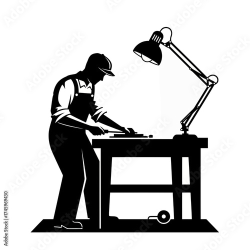 Silhouette of a craftsman working at a workbench under a desk lamp