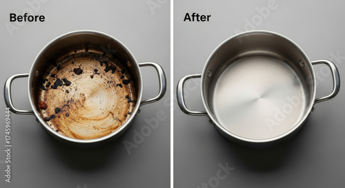 Side-by-side of a stained and cleaned pot.