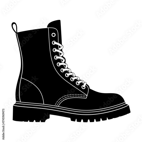 Black combat boot with white laces