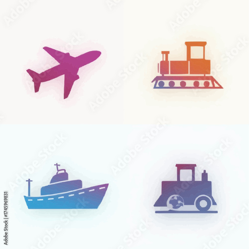 Set of four distinct transport icons featuring an airplane, a train, a ship, and a roller train, symbolizing different modes of travel and logistics