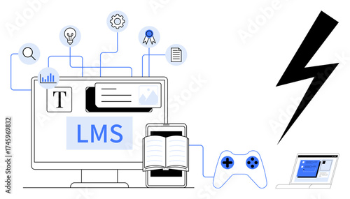 LMS platform on a monitor, linked to digital tools, gamification, and resources. Ideal for education, e-learning, virtual training, innovation, knowledge sharing gamified learning simple flat