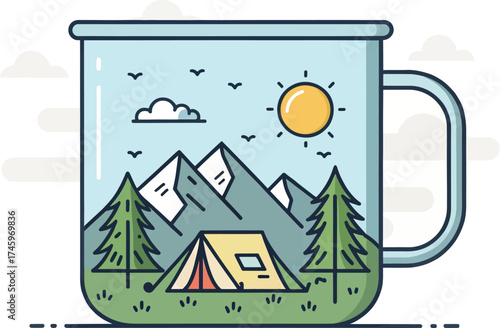 Camping adventure scene inside a mug with mountains trees and tent for outdoor lifestyle design